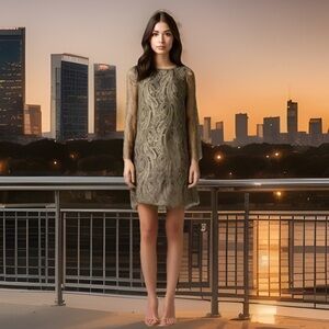 Tibi Gold Metallic Nude Illusion Lace Dress Women’s 4 Party Cocktail Open Back